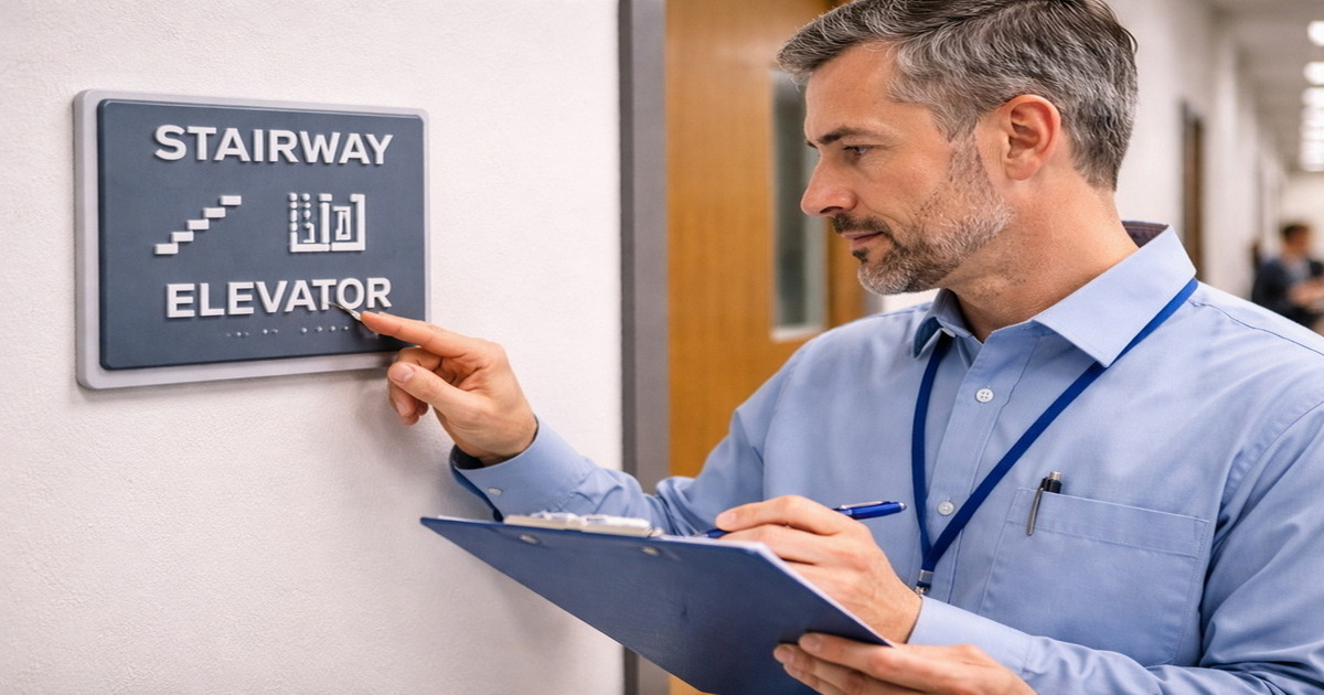 Facility Manager Inspecting Braille Signage