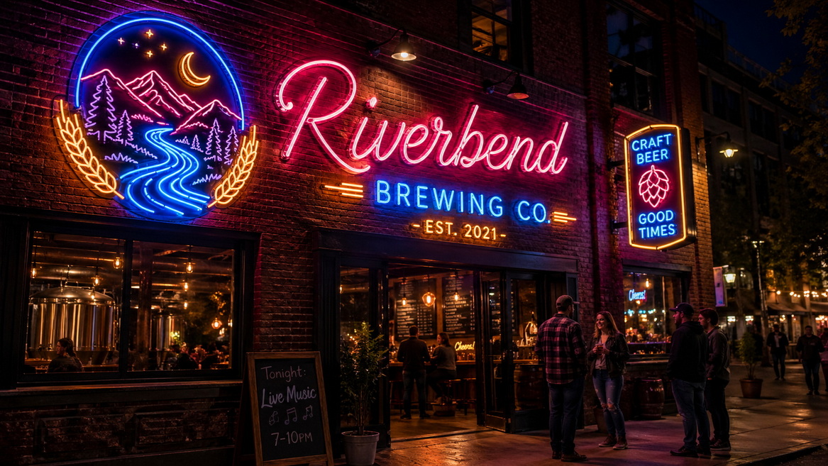 Close up of a craft brewery fa&ccedil;ade at night with a vivid LED neon