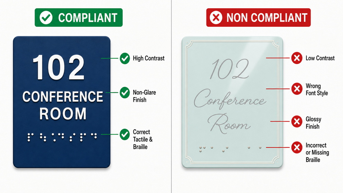 Compliant And Non Compliant ADA Sign Comparison
