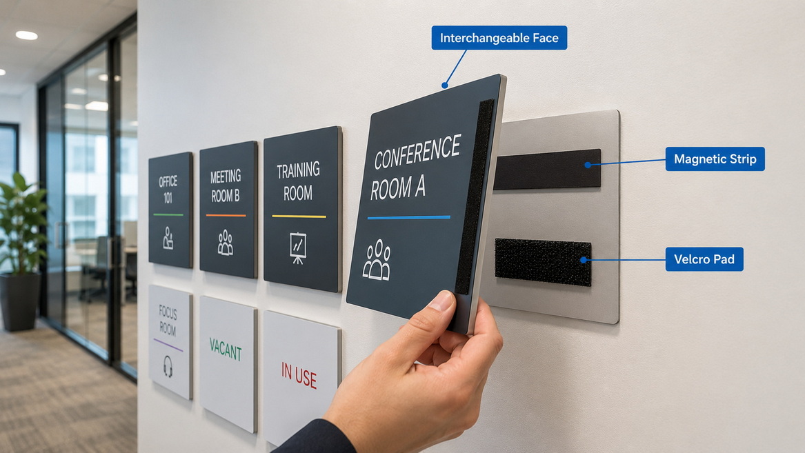 Magnetic And Velcro Interchangeable Sign System