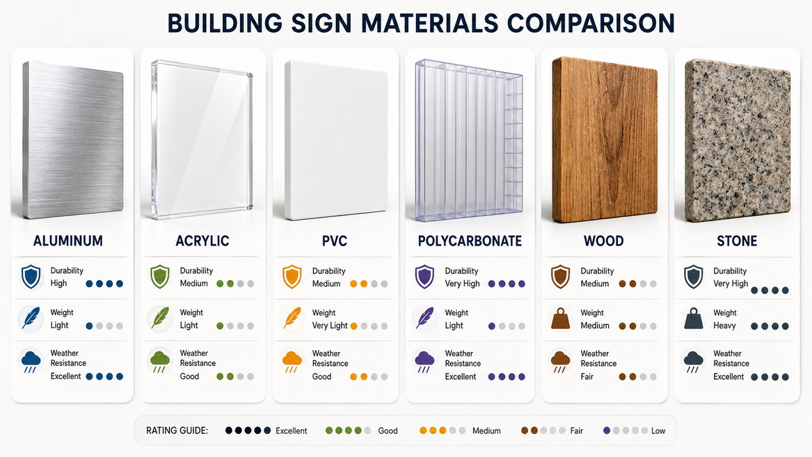 Building Sign Material Comparison Chart With Sample Textures