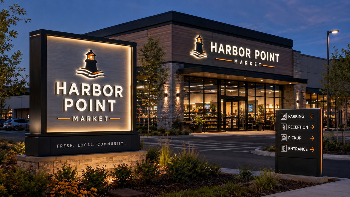 Complete Building Signage System With Monument Sign and Storefront Lettering